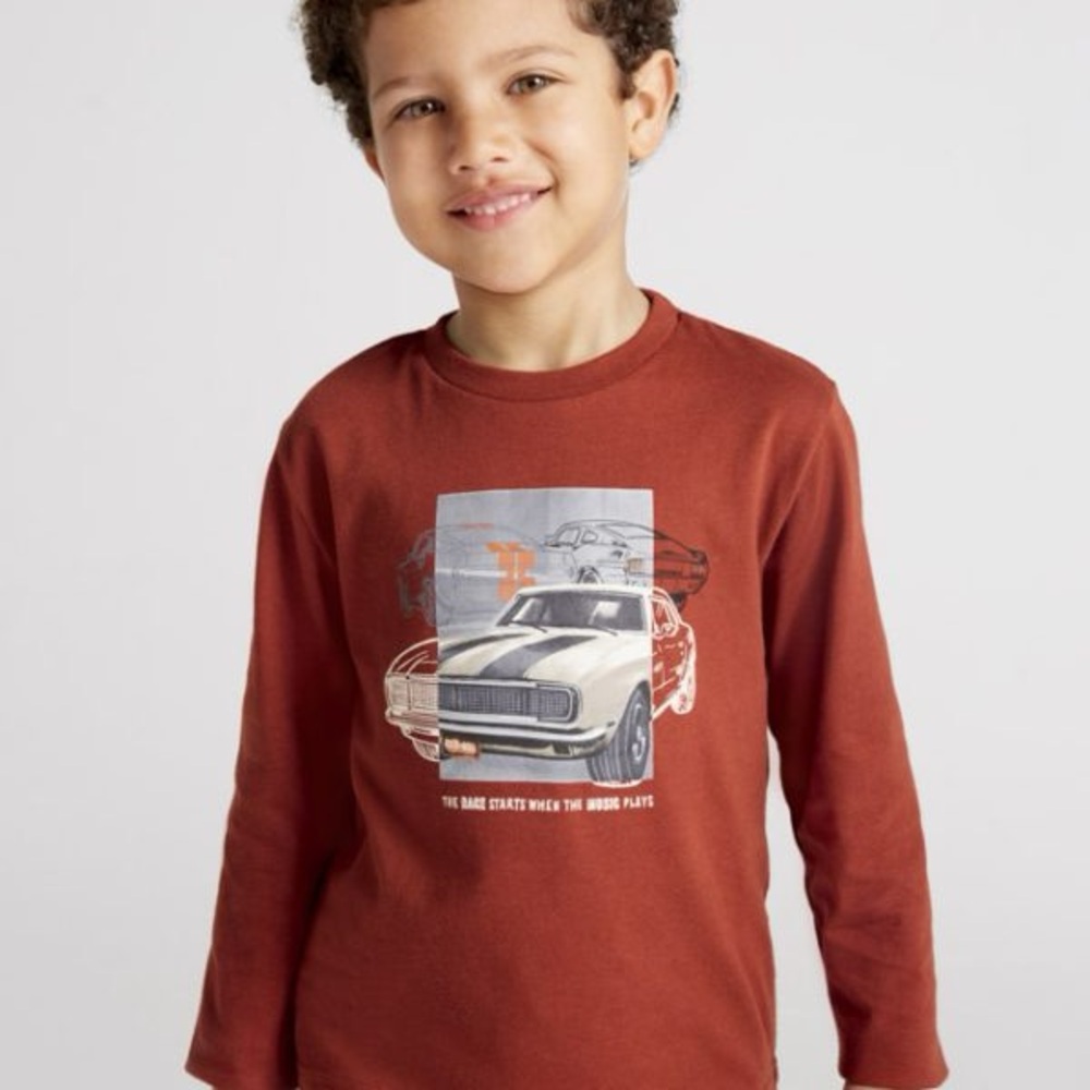 Size 3 Toddler kids Mayoral Rust Long Sleeve Tee with Car Graphic - Picture 1 of 2